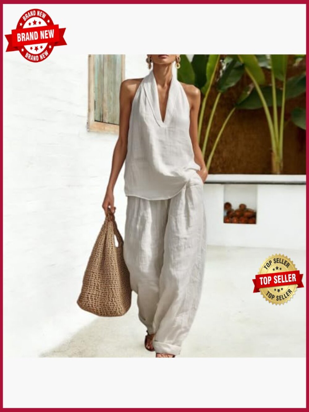 Linen 2 Piece Sleeveless V Neck Halter Top Wide Leg Pants Summer Lounge Set - Picture 2 of 6
